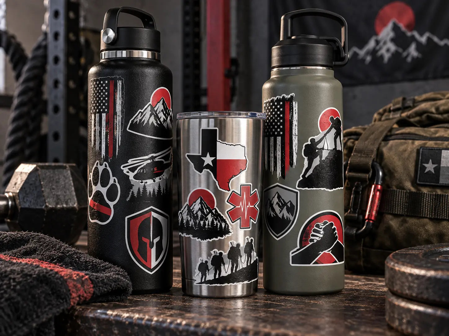 Custom vinyl stickers applied to bottles and a tumbler