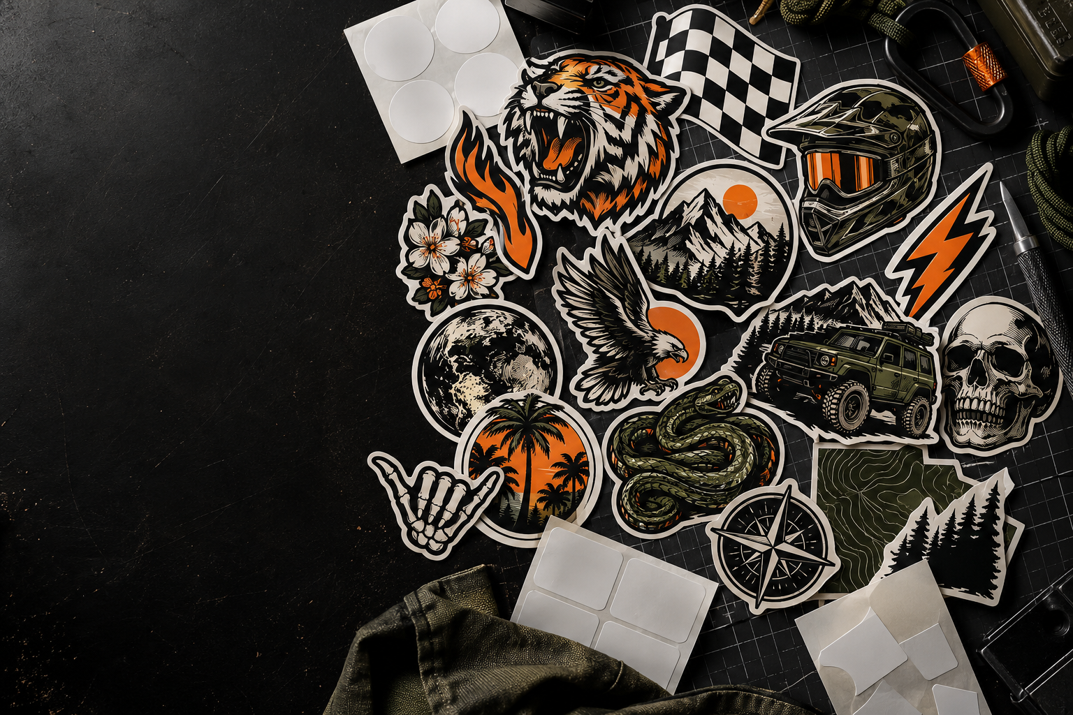 A premium collection of custom die-cut vinyl stickers on a dark workbench