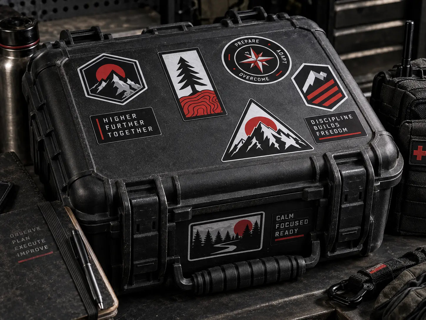 Die-cut stickers applied to a rugged protective hard case
